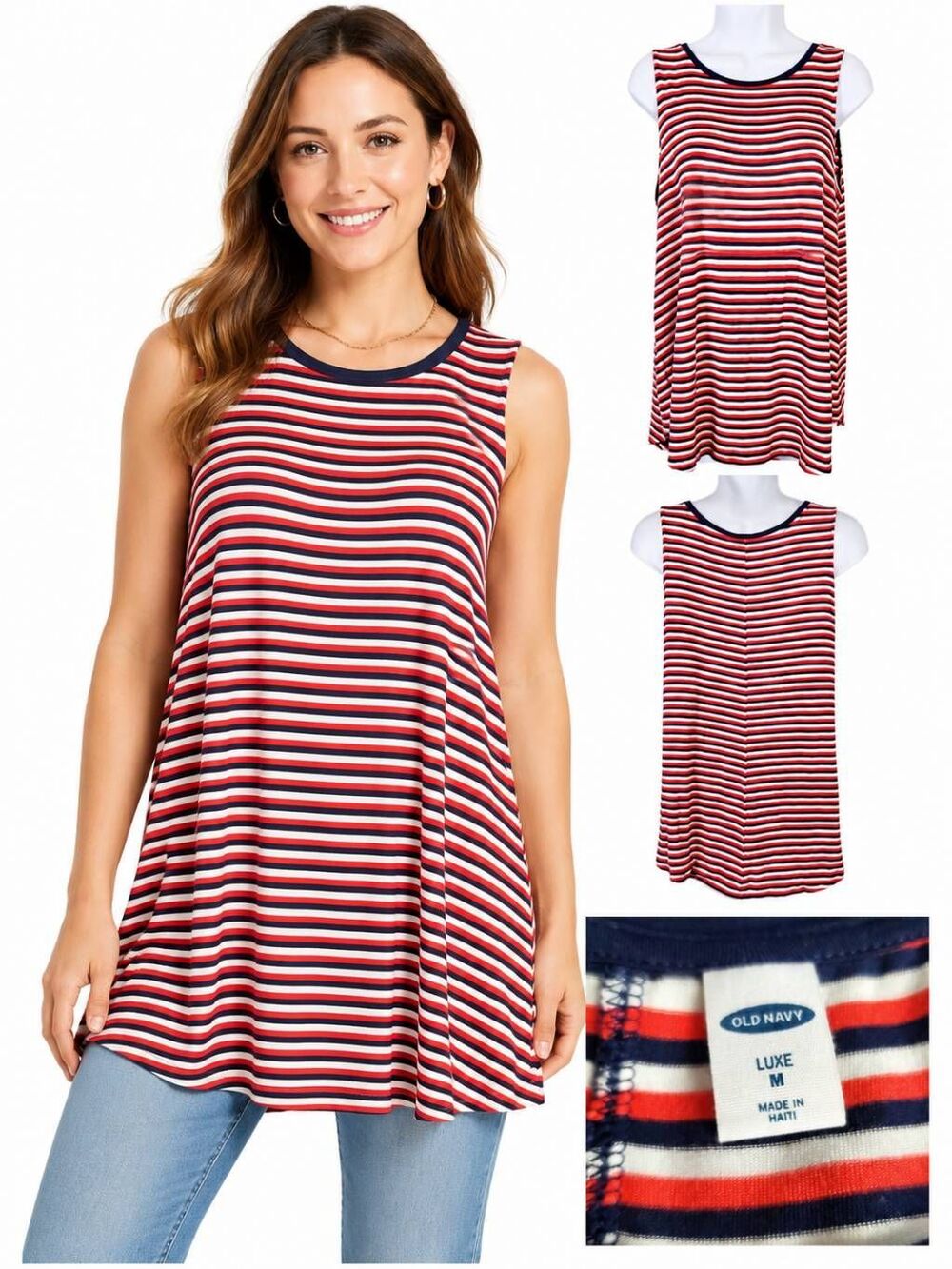 Old Navy M Luxe Red Navy Stripe Swing Tunic Tank Top